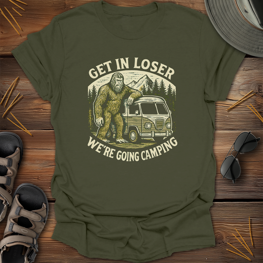 Sasquatch Get In Going Camping Woodcut T-Shirt