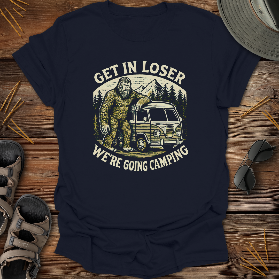 Sasquatch Get In Going Camping Woodcut T-Shirt