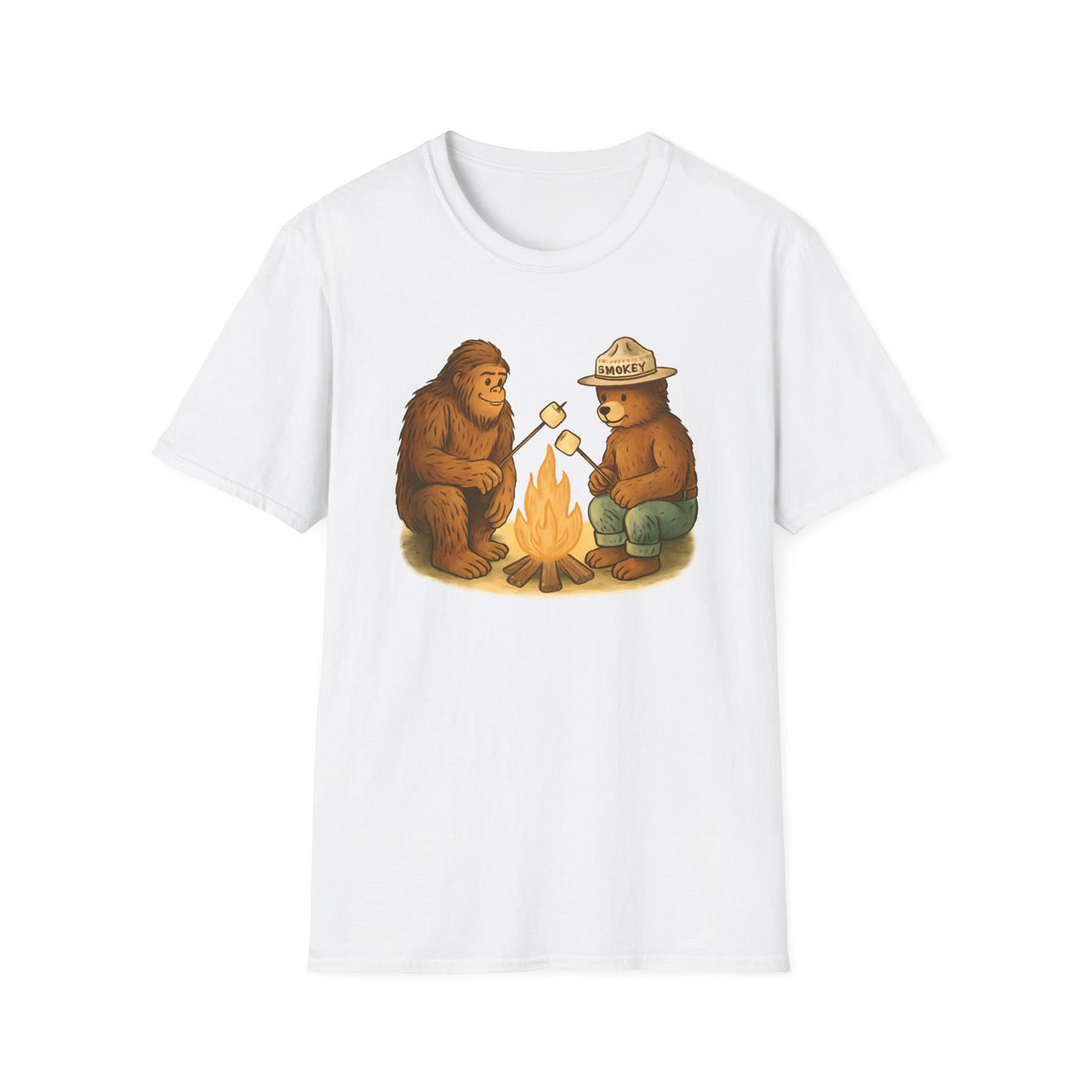 Bigfoot & Smokey Bear Campfire Illustration T-Shirt