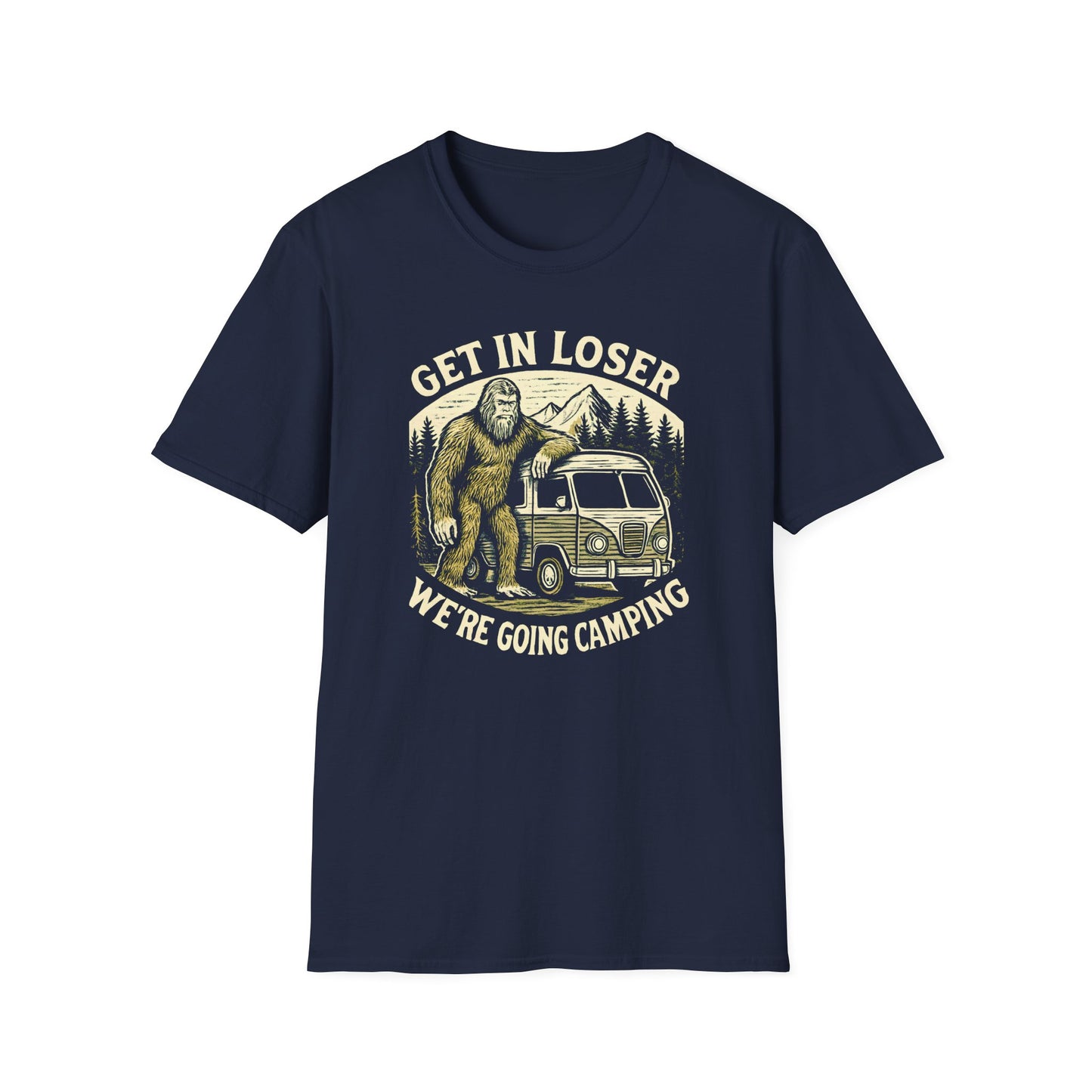 Sasquatch Get In Going Camping Woodcut T-Shirt