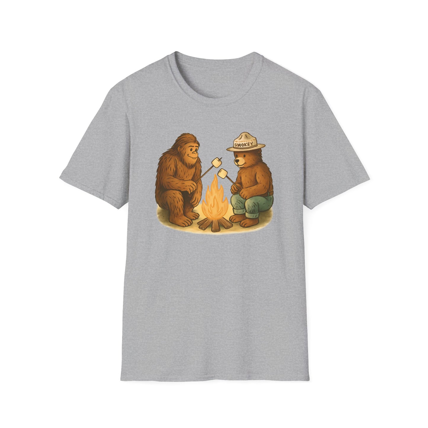 Bigfoot & Smokey Bear Campfire Illustration T-Shirt