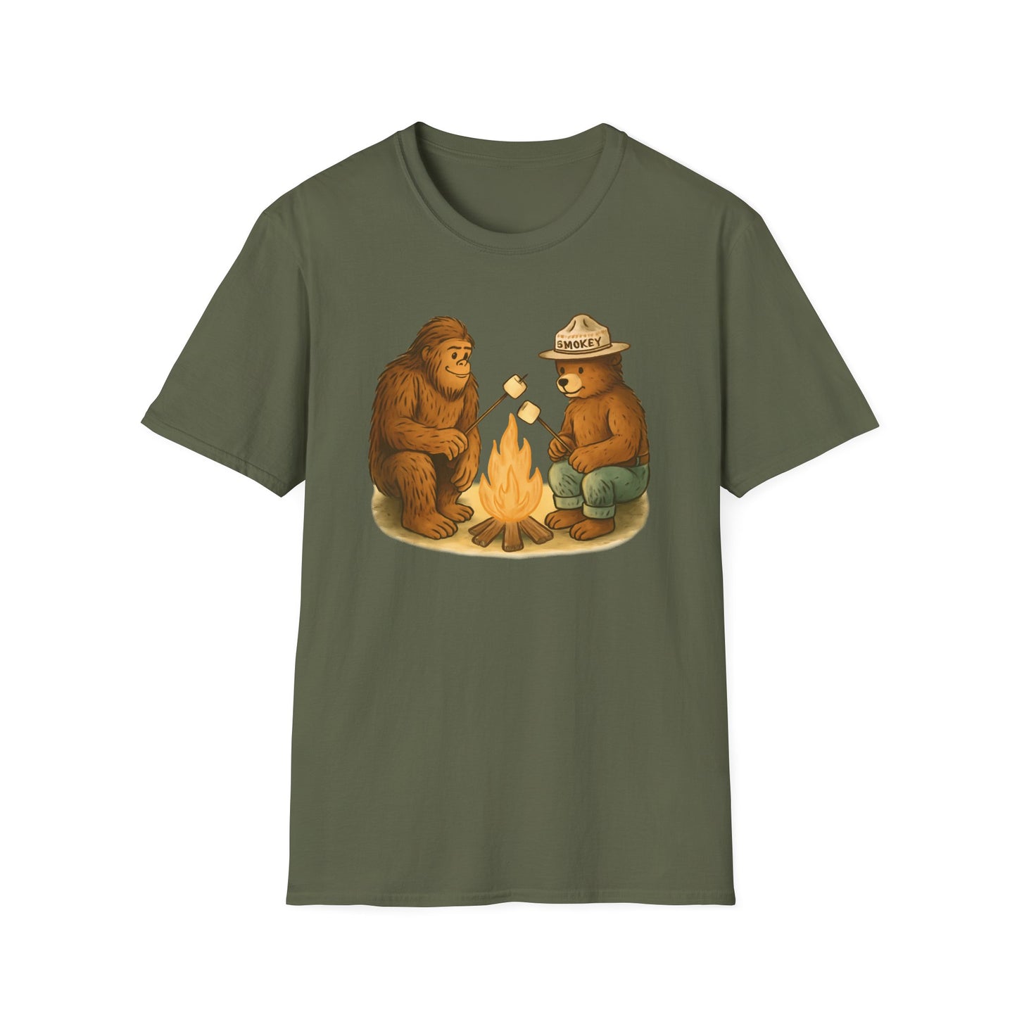 Bigfoot & Smokey Bear Campfire Illustration T-Shirt