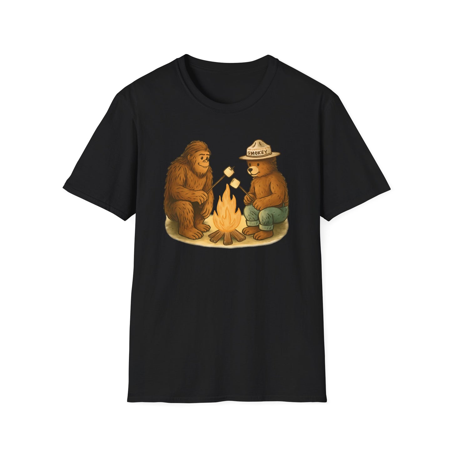Bigfoot & Smokey Bear Campfire Illustration T-Shirt