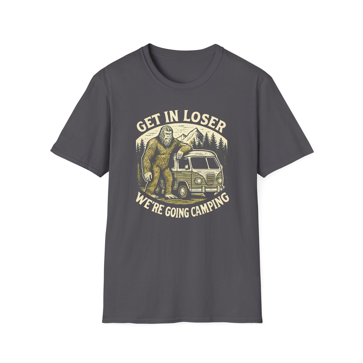 Sasquatch Get In Going Camping Woodcut T-Shirt
