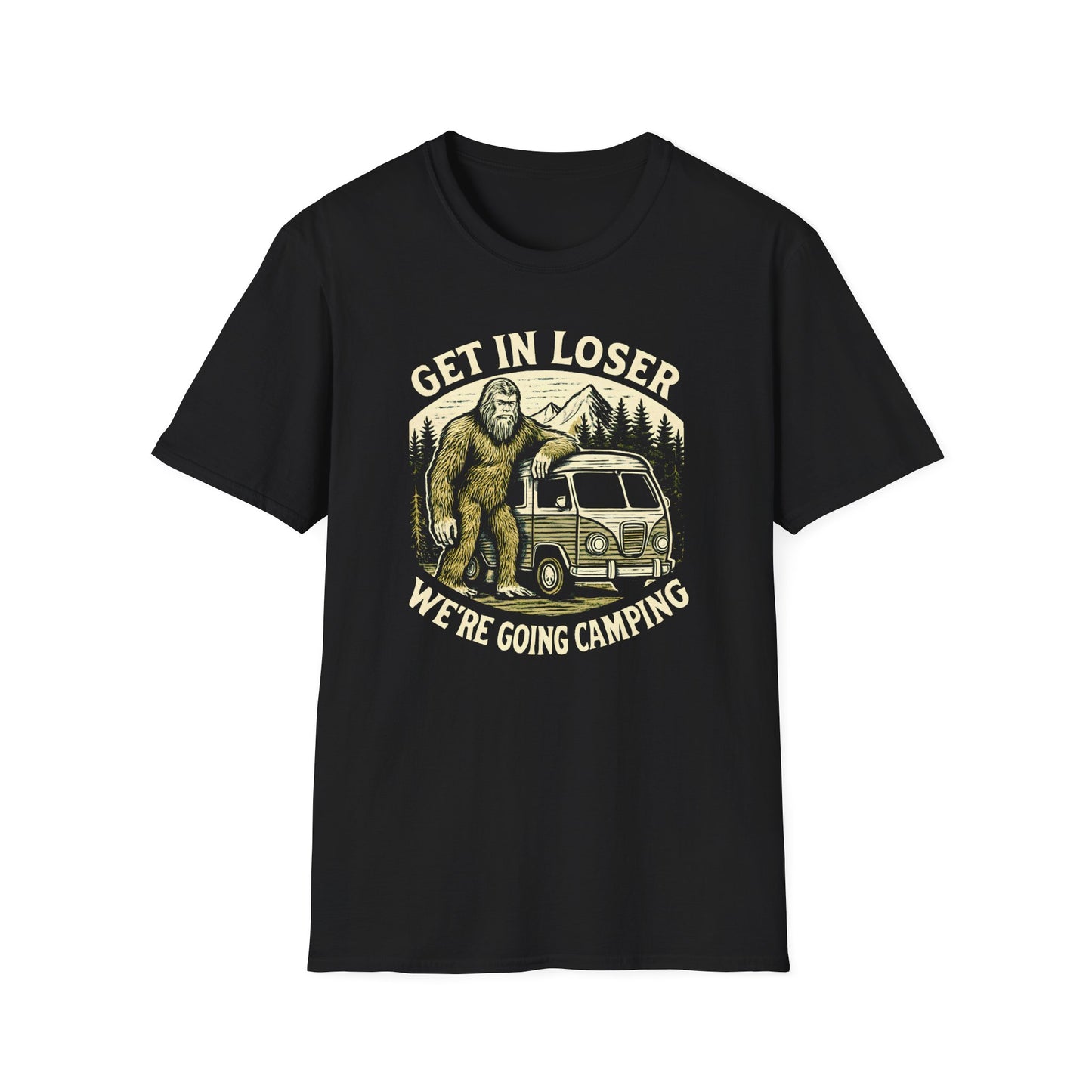 Sasquatch Get In Going Camping Woodcut T-Shirt