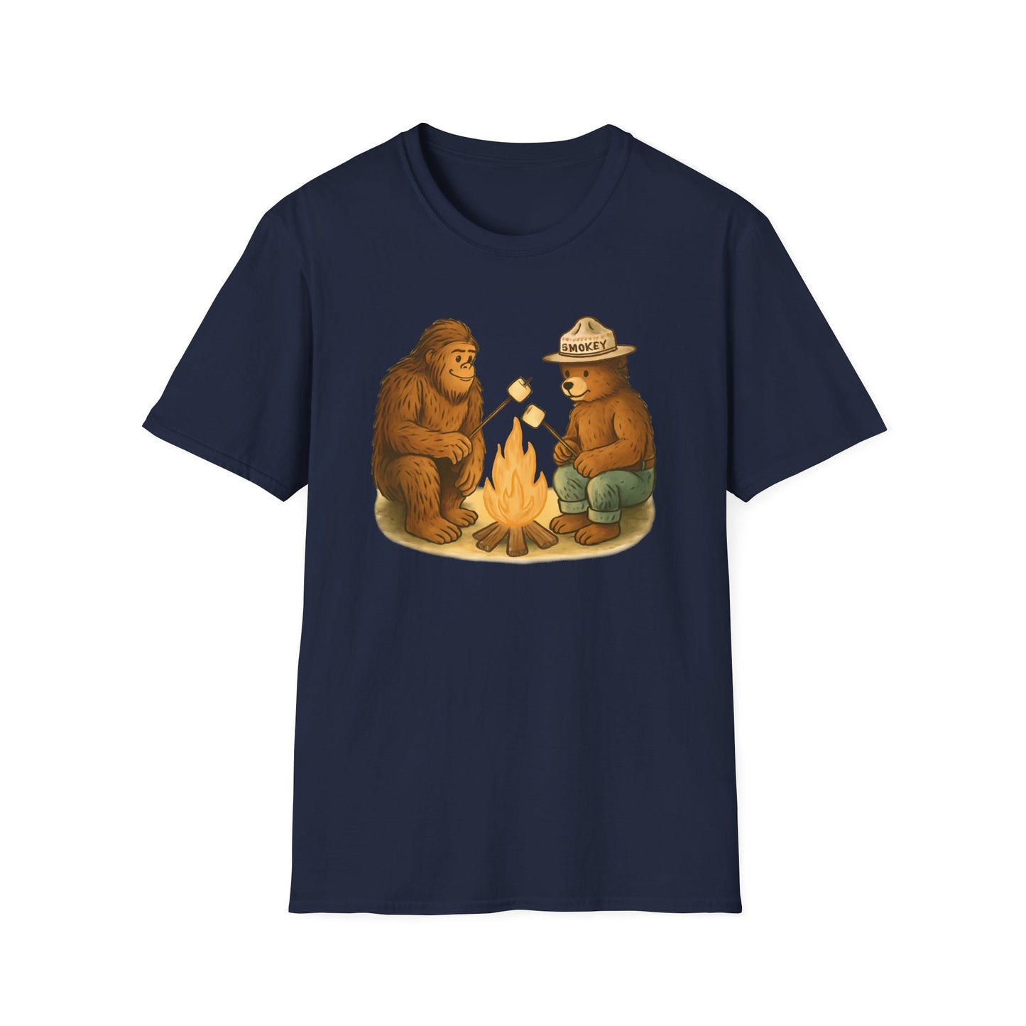 Bigfoot & Smokey Bear Campfire Illustration T-Shirt