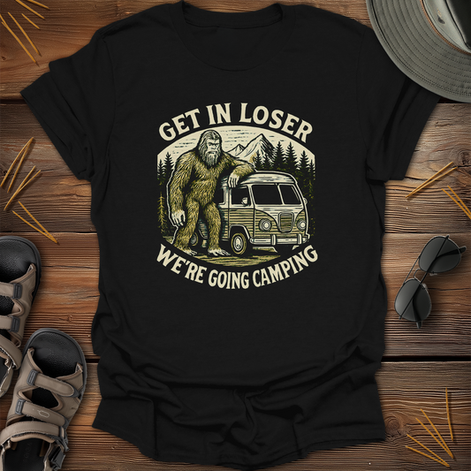 Sasquatch Get In Going Camping Woodcut T-Shirt