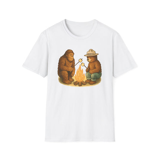 Bigfoot & Smokey Bear Campfire Illustration T-Shirt