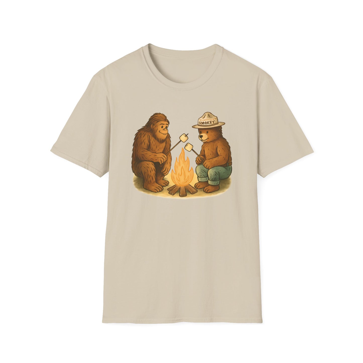 Bigfoot & Smokey Bear Campfire Illustration T-Shirt