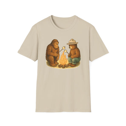 Bigfoot & Smokey Bear Campfire Illustration T-Shirt