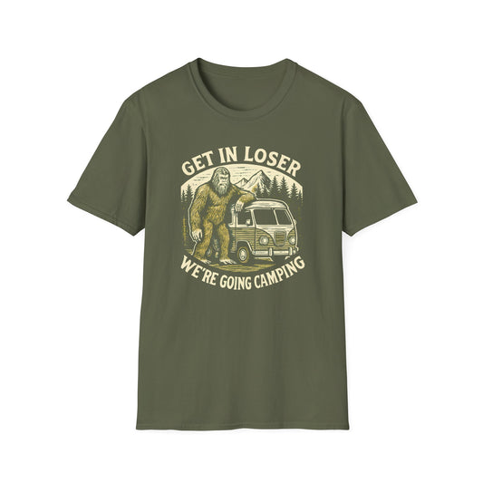 Sasquatch Get In Going Camping Woodcut T-Shirt