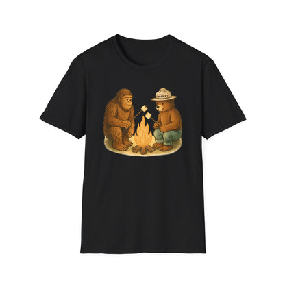 Bigfoot & Smokey Bear Campfire Illustration T-Shirt