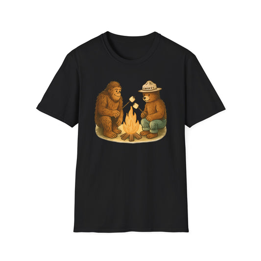 Bigfoot & Smokey Bear Campfire Illustration T-Shirt