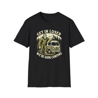 Sasquatch Get In Going Camping Woodcut T-Shirt