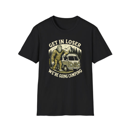Sasquatch Get In Going Camping Woodcut T-Shirt